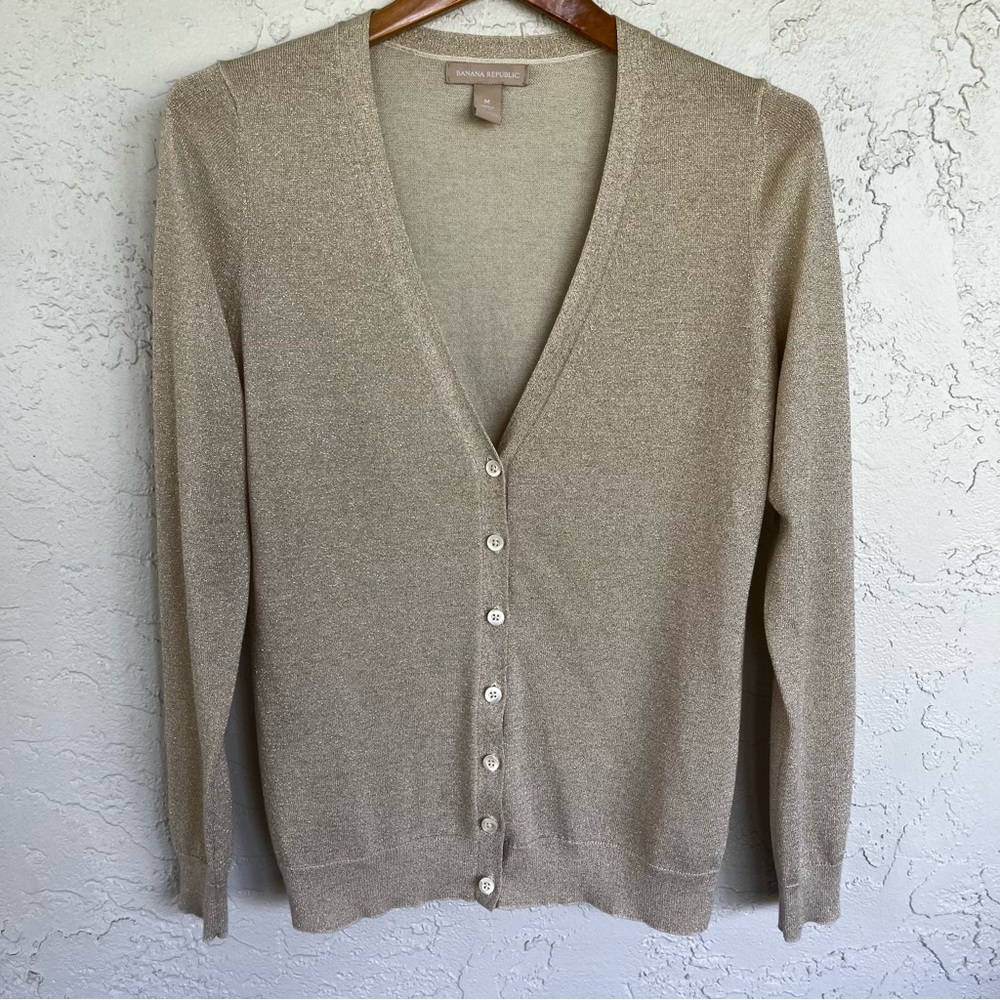 Banana Republic Cardigan Sweater M Gold Metallic Silk Blend Holiday Party V Neck